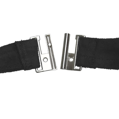 Black jumpsuit halter strap with silver buckle and metal eyelets
