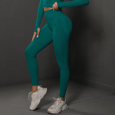 High Waist Workout Leggings - Ribbed Waistband and Ankle Fit