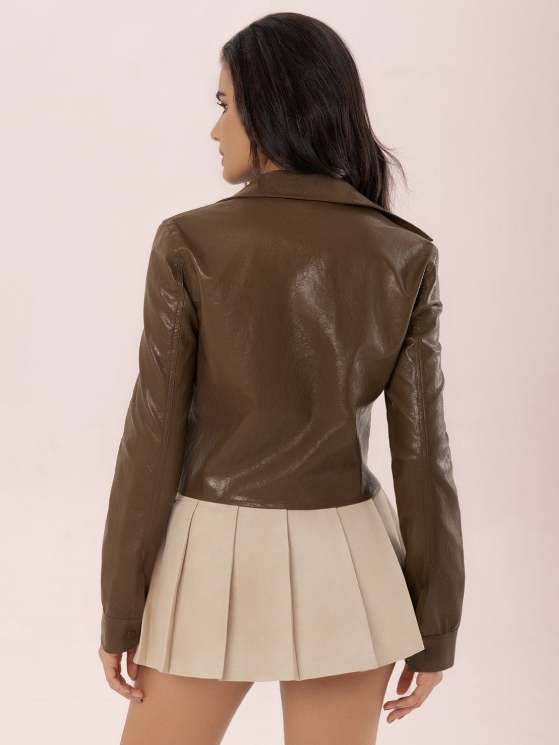 Coffee Brown Collared Neck Snap Down Long Sleeve Jacket