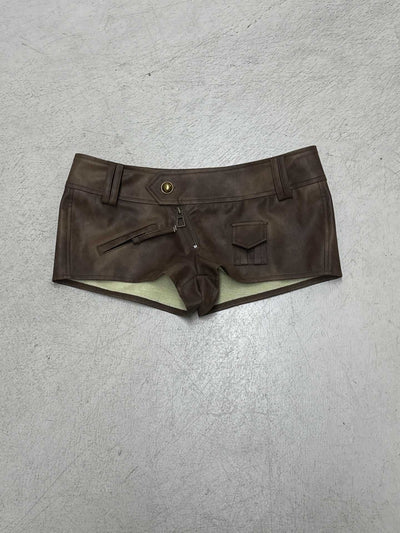 Brown leather-look low-rise shorts with zip front, patch pockets, belt loops.