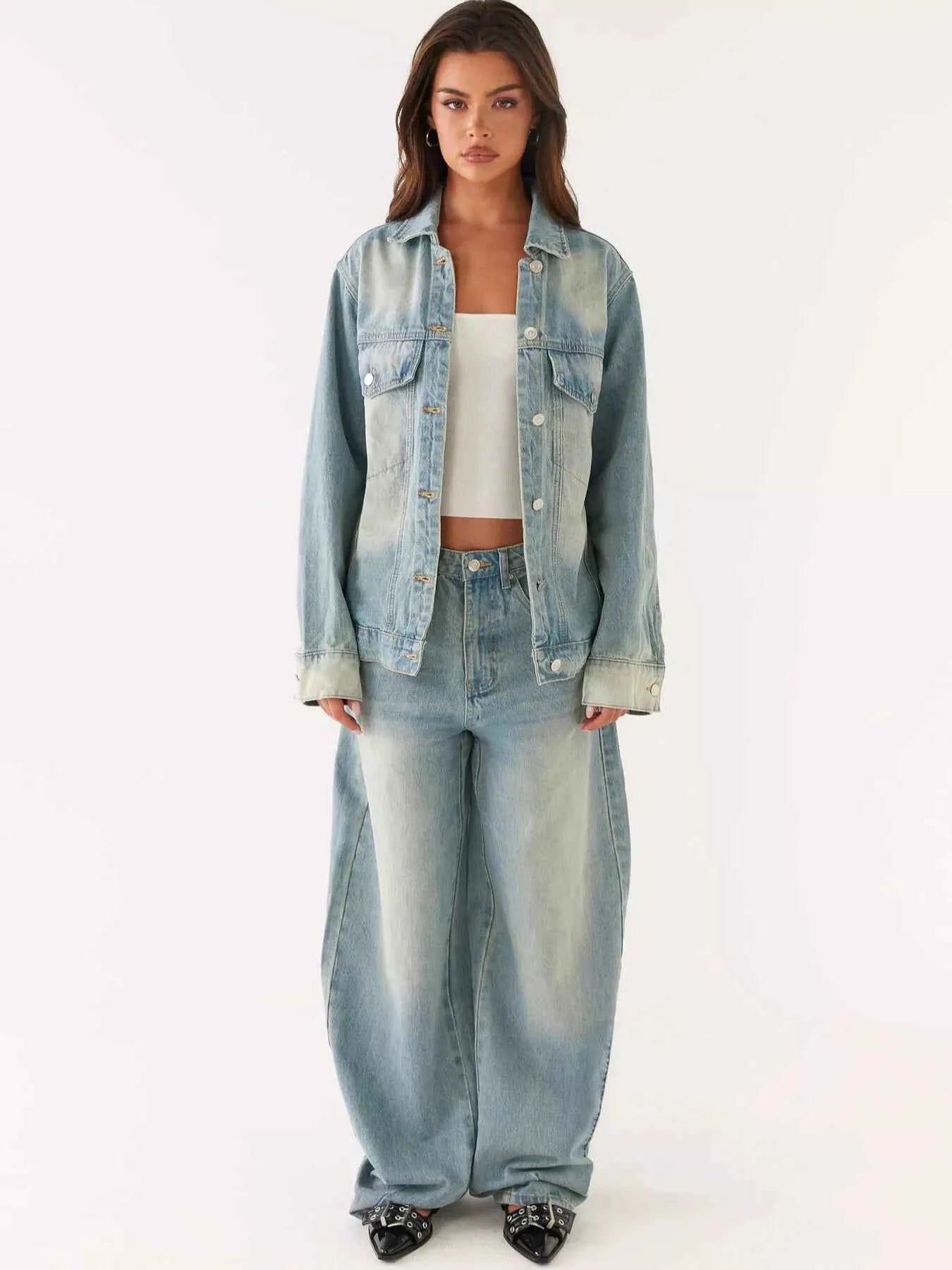 Button Up Denim Jacket and Jeans Set