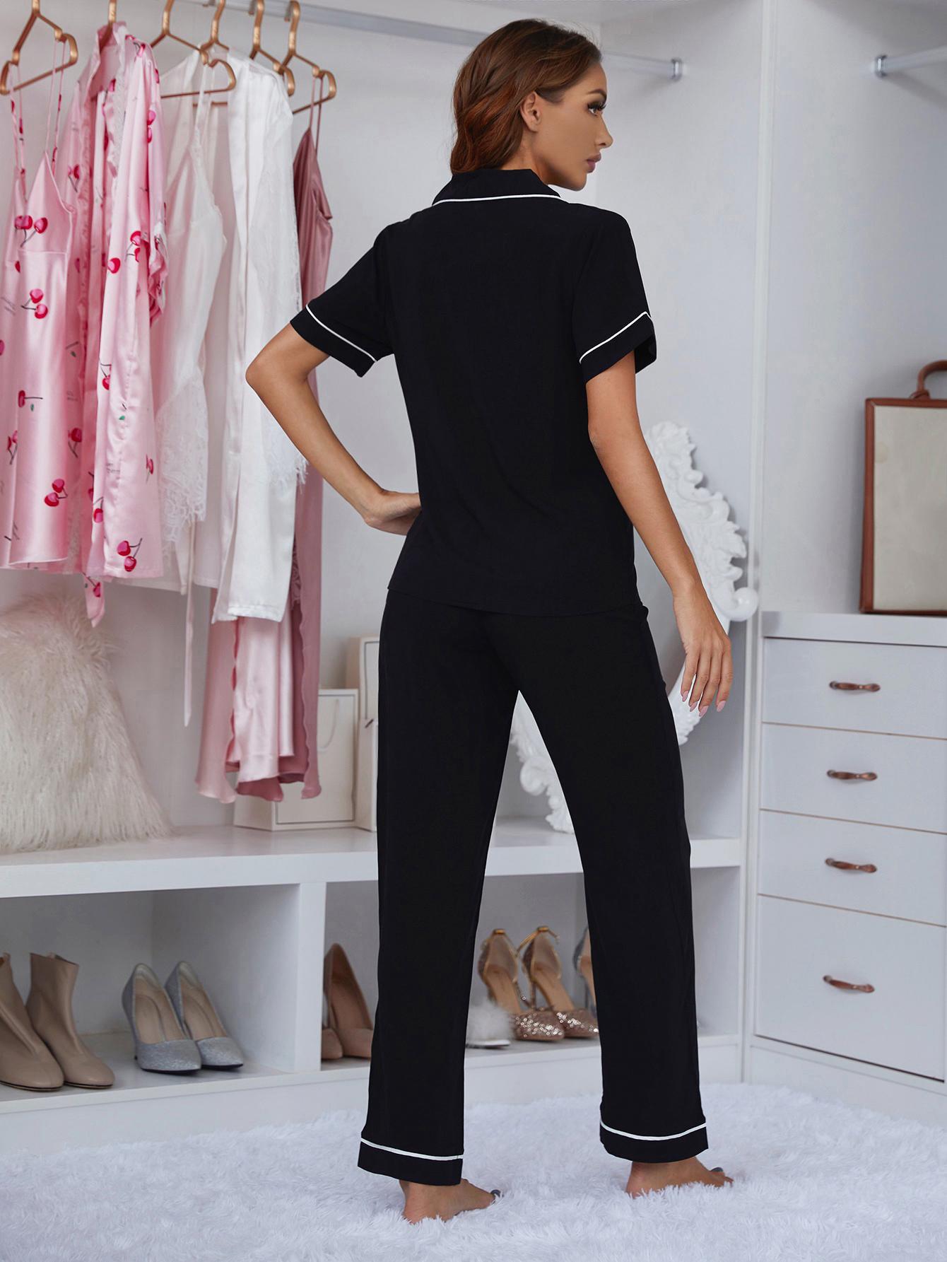 Contrast Piping Lapel Collar Short Sleeve Top and Pants Pajama Set - Fashions Envy
