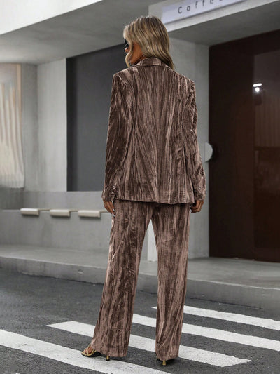Velvet blazer and wide-leg pants set, dark brown, back view with wide-leg trousers
