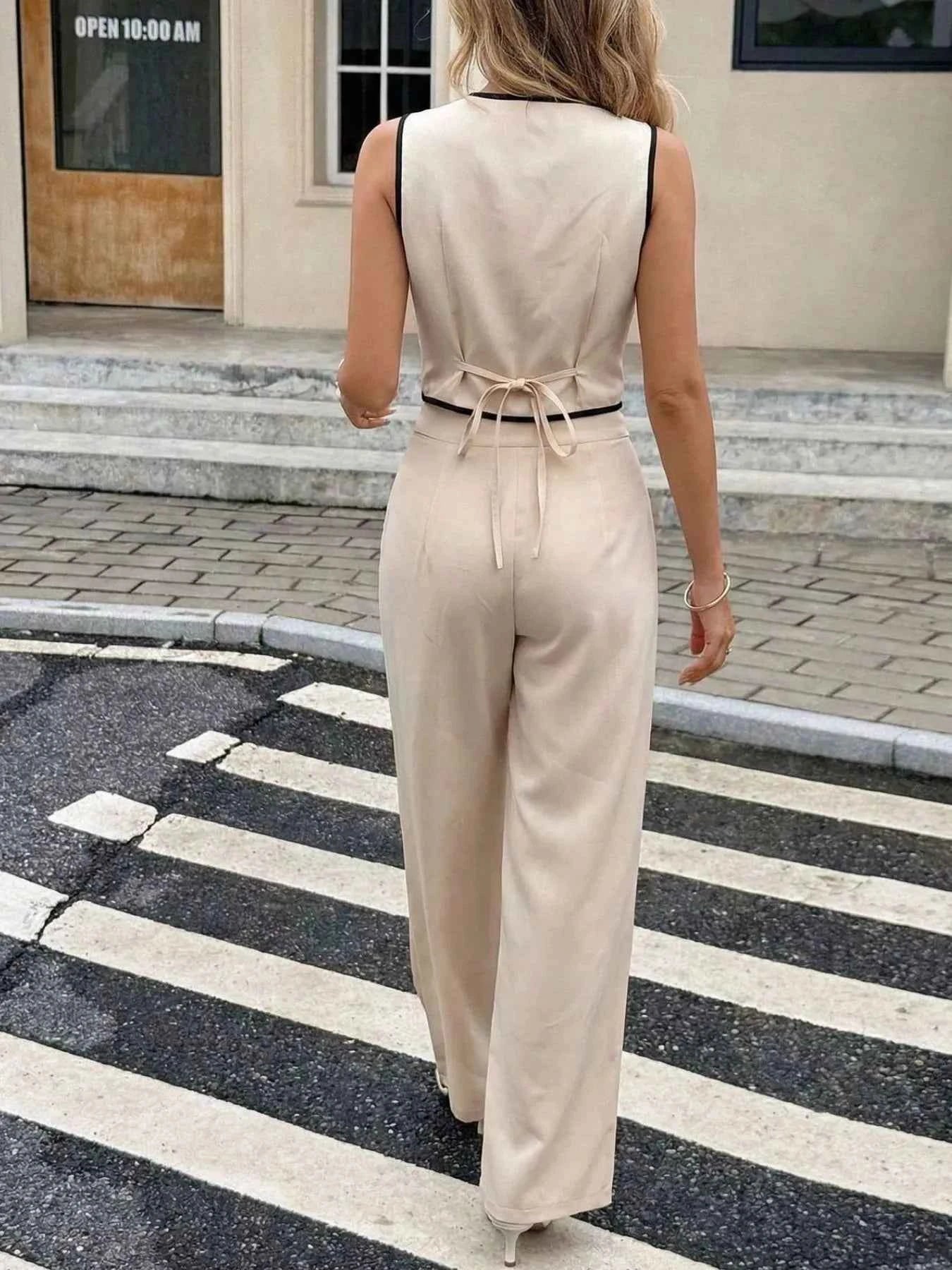 Contrast Trim Vest & Wide Leg Pants Set