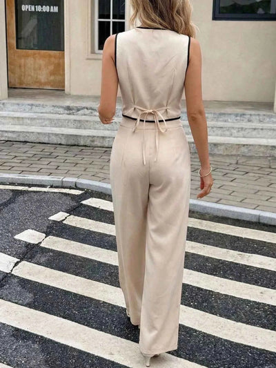 Contrast Trim Vest & Wide Leg Pants Set
