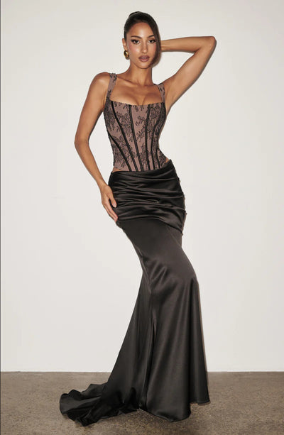 Lace Corset Top and Maxi Skirt Set - Ruched Satin-Look Finish