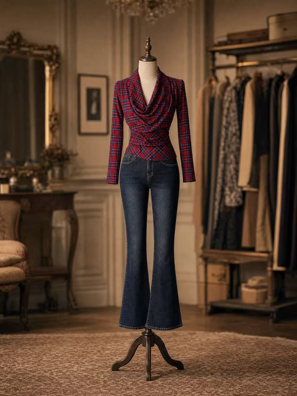 A mannequin dressed in a red and blue plaid cowl-neck long-sleeve top paired with dark blue flared jeans, displayed in an elegant vintage-style room with clothing racks and warm lighting.