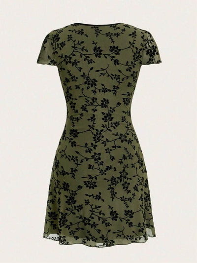 Printed V-Neck Short Sleeve Mini Dress - Cute Bow Detail Summer Dress - Fashions Envy