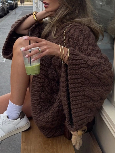 Brown Cable Knit Sweater with Oversized Sleeves, Perfect for Cozy Fall Outfits