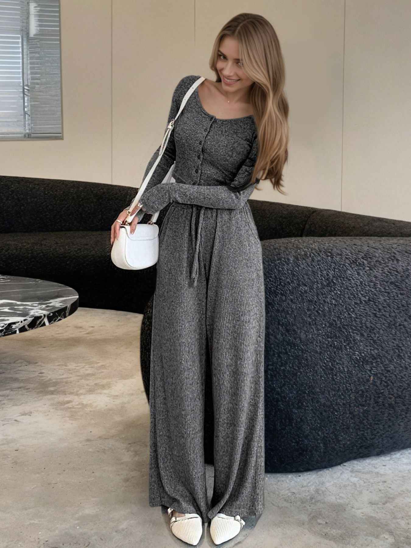 Cute Outfit Set - Long Sleeve Top and Wide Leg Pants Set