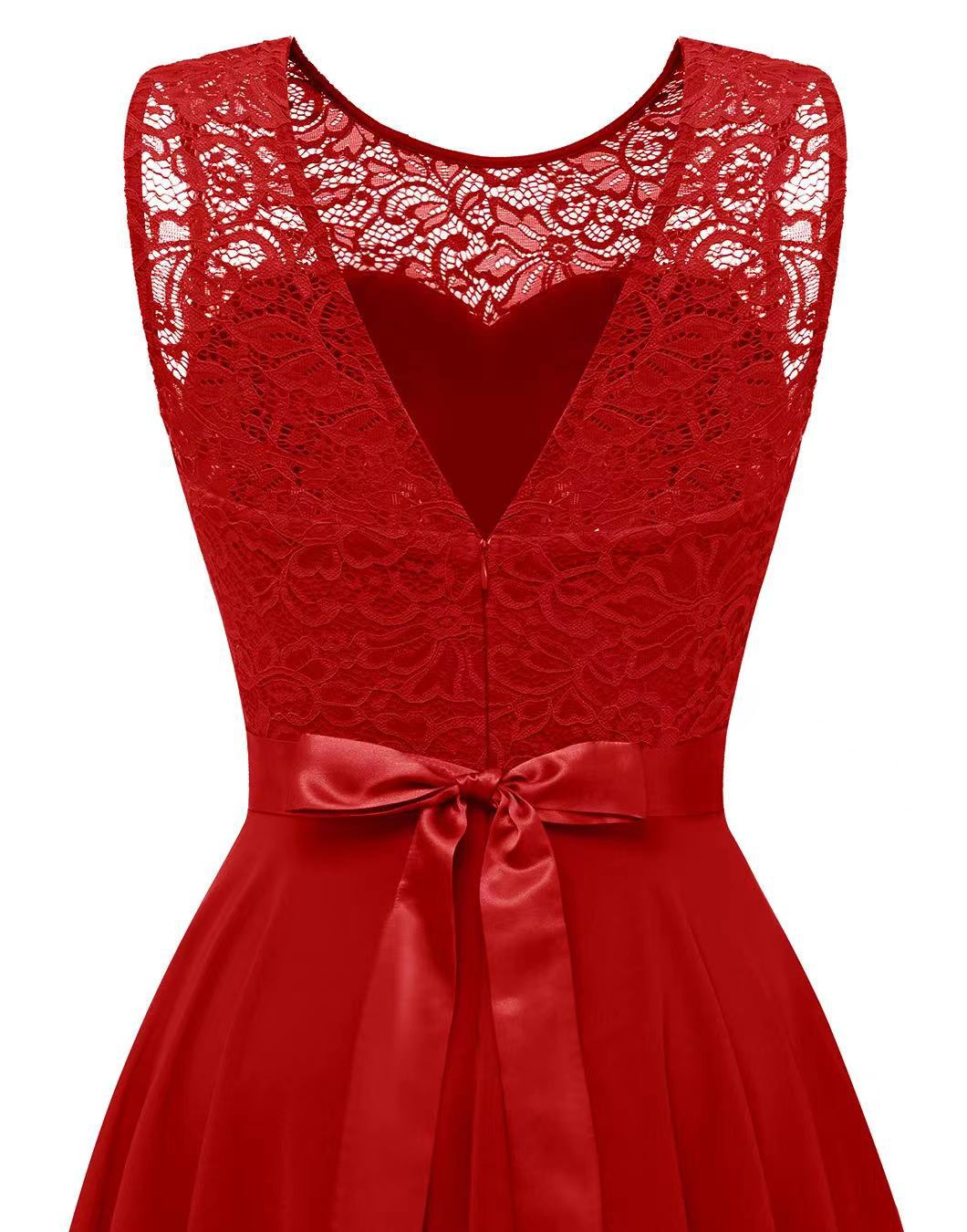 Red sleeveless lace patchwork chiffon A-line dress with lace neckline and satin waist bow
