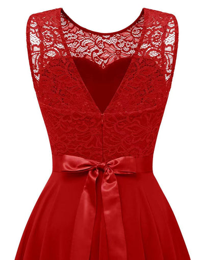 Red sleeveless lace patchwork chiffon A-line dress with lace neckline and satin waist bow