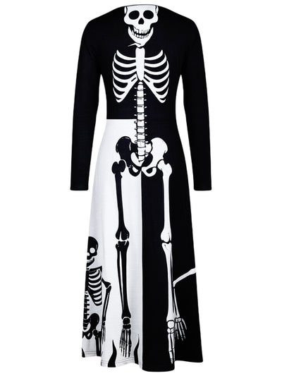 Black V-neck skeleton midi dress with long sleeves and flared skirt
