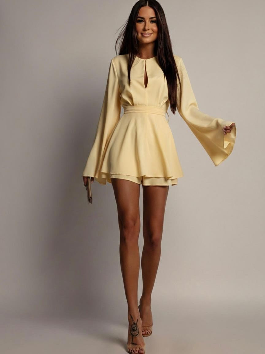 Open Back Mini Dress - Bell Sleeves & Tie-Waist Detail