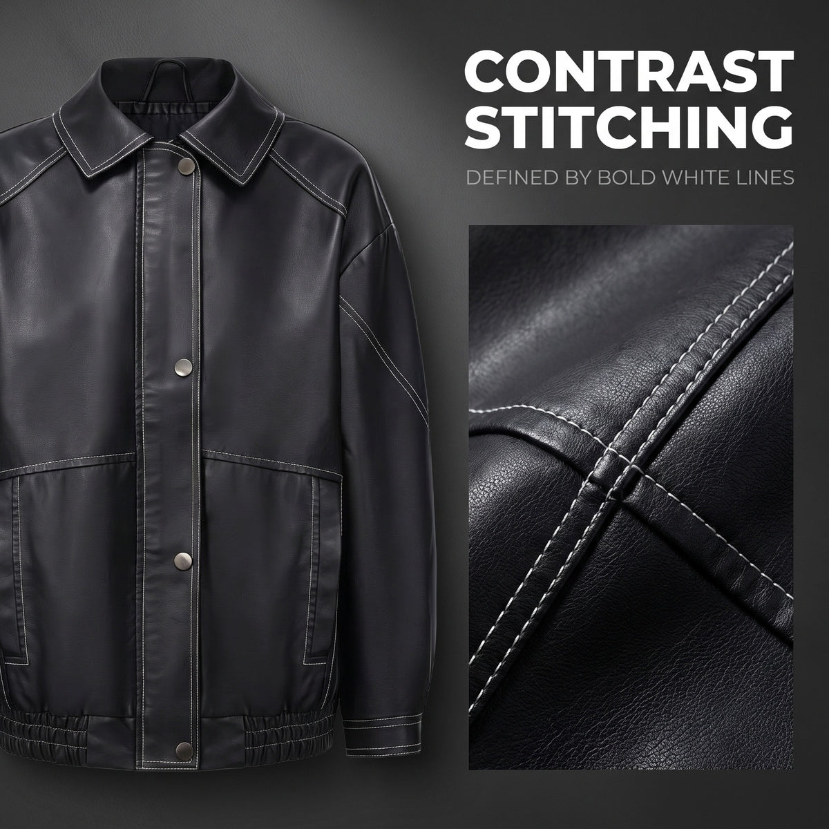 Black faux leather jacket with bold contrast stitching and snap-button front, textured finish