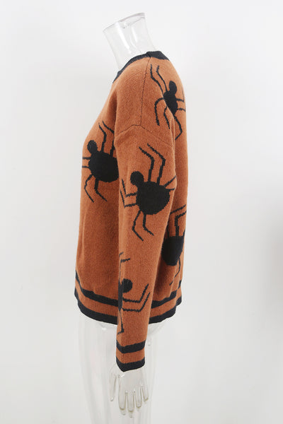 Halloween Spider Knit Sweater - Striped Ribbed Crewneck