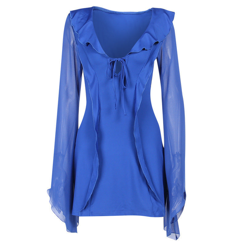Sexy Y2K Ruffled V-neck Lace-up Long-sleeved Mini Dress