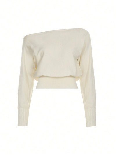 Off Shoulder Knit Sweater - Slouchy Sleeves and Ribbed Hem