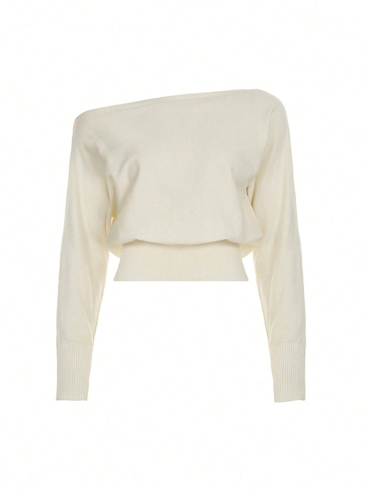 Off Shoulder Knit Sweater - Slouchy Sleeves and Ribbed Hem
