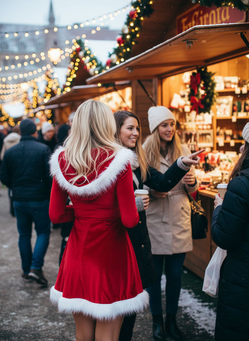 Christmas Faux Fur Trim Hooded Dress Back View at Christmas Market