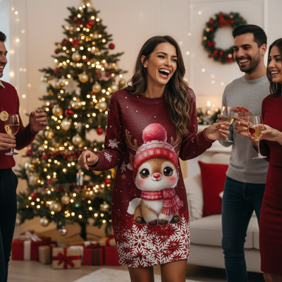 Christmas Print Long Sleeve Dress Actual Slot 2 Lifestyle Image