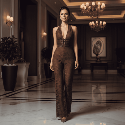 Lace Halter Jumpsuit - Deep V Wide Leg Style - Fashions Envy