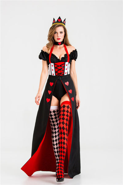 Elegant Queen of Hearts Costume Dress with Card Details and Matching Accessories