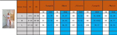 Trendsi cropped long sleeve bikini cover up size chart with measurements for bust sleeve length and waist