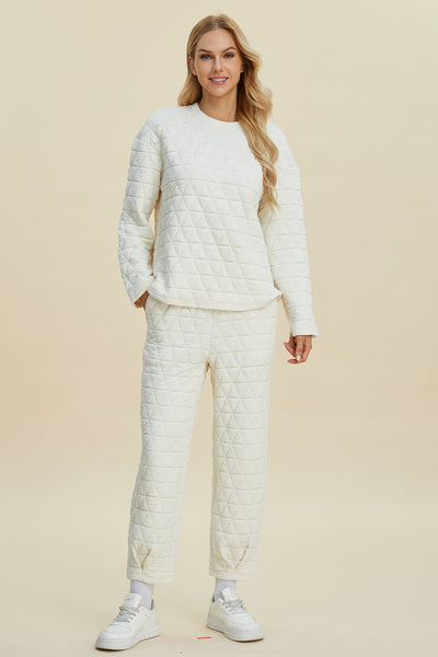 Double Take Full Size Texture Round Neck Long Sleeve Top and Pants Set - Fashions Envy
