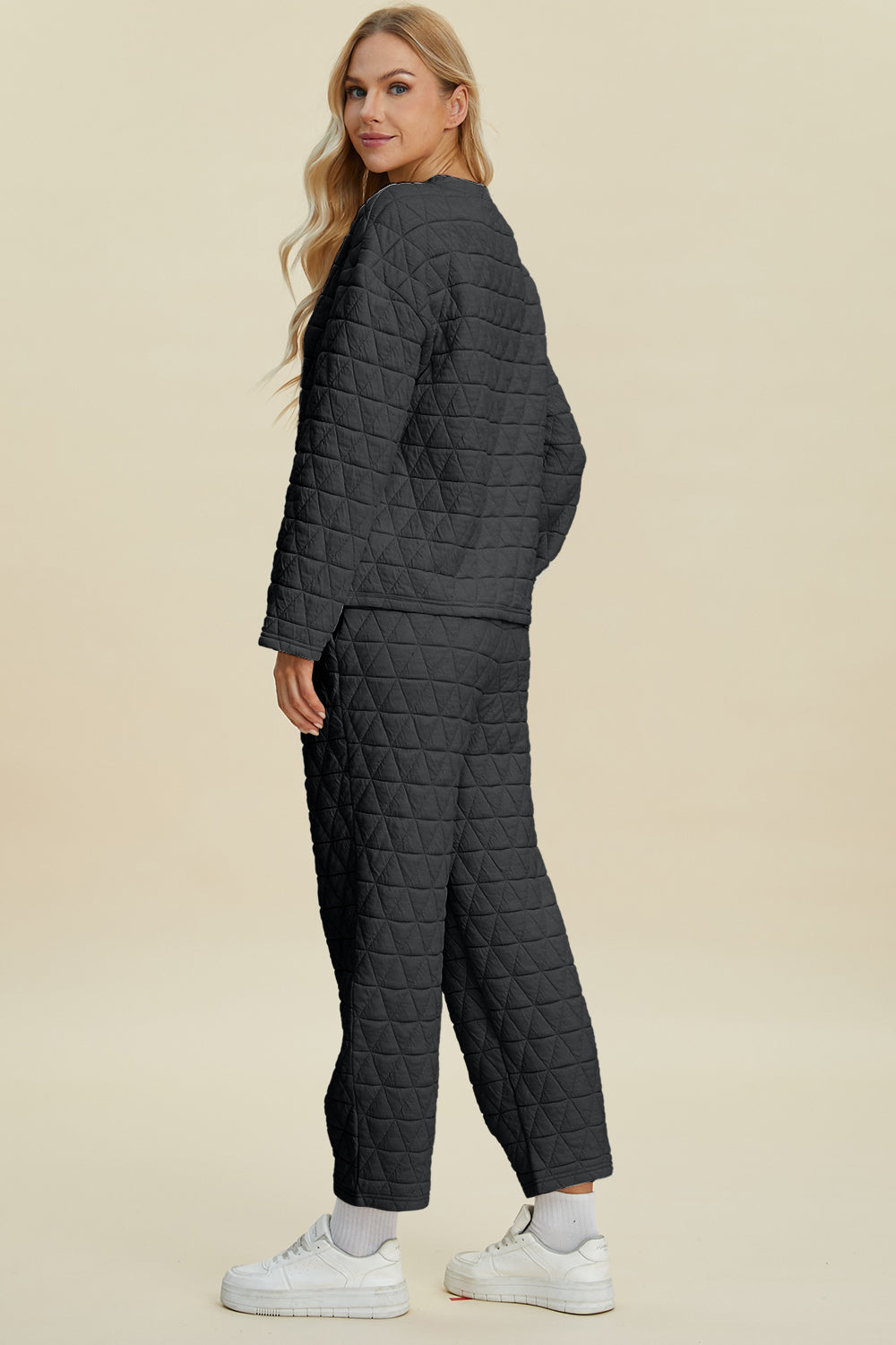 Double Take Full Size Texture Round Neck Long Sleeve Top and Pants Set - Fashions Envy
