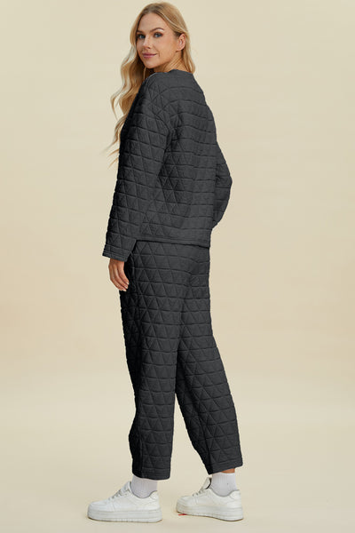 Double Take Full Size Texture Round Neck Long Sleeve Top and Pants Set - Fashions Envy