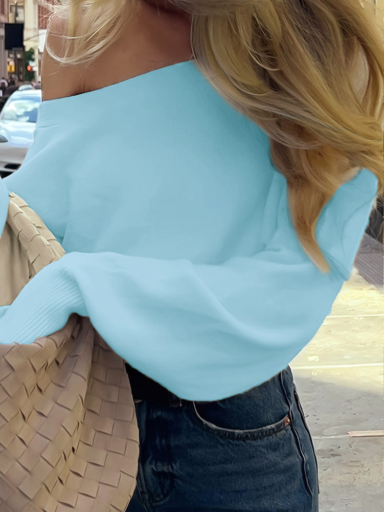 Off Shoulder Knit Sweater - Slouchy Sleeves and Ribbed Hem