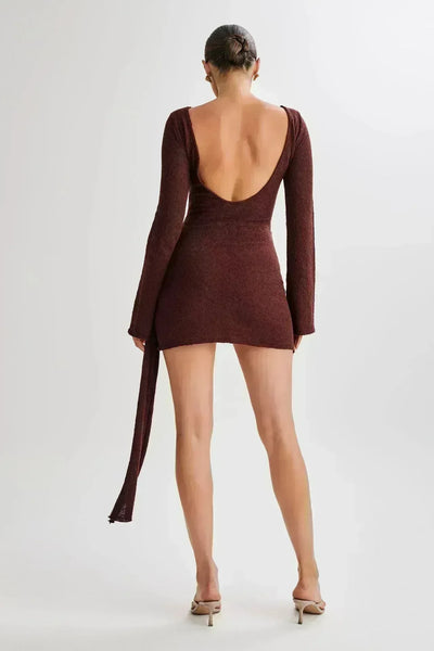 Backless Mini Dress - Long-sleeved Y2K Style - Fashions Envy