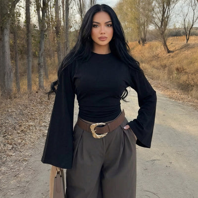 Black Bell Sleeve Crop Top - Butterfly Lace Back Panels