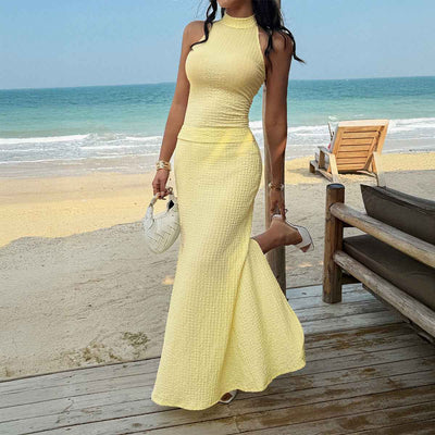 Casual Resort-Style Two-Piece Set - Sleeveless Choker Neck