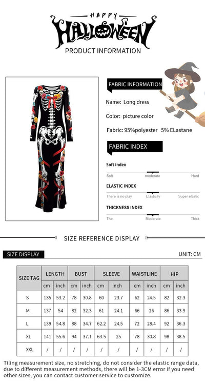 Halloween Skeleton Midi Dress - Floral Print & Long Sleeves