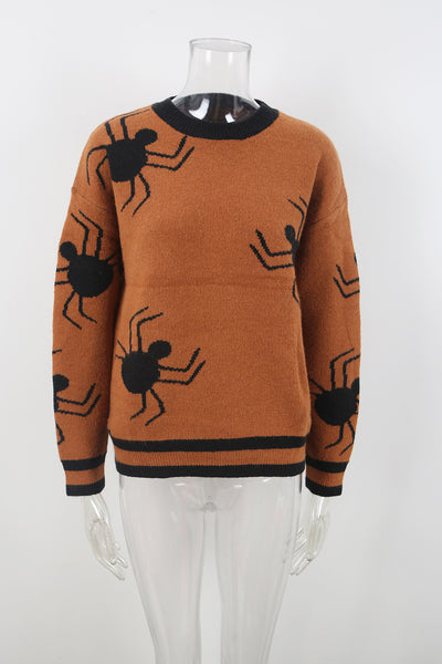 Halloween Spider Knit Sweater - Striped Ribbed Crewneck