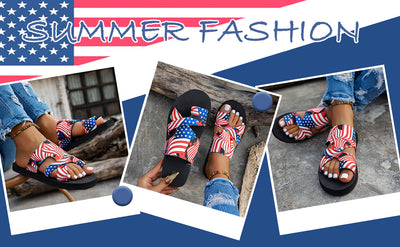 Three-panel collage showing a person wearing black slide sandals with an American flag print, alongside a patriotic 'SUMMER FASHION' banner. The sandals feature red, white, and blue stars and stripes pattern on the straps and footbed.