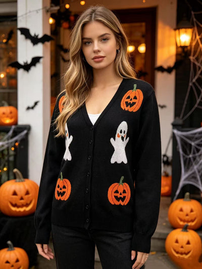 Black V-neck knit cardigan with buttons, featuring ghost and pumpkin knit motifs