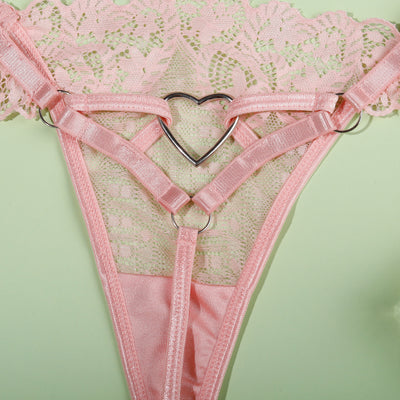 Lace Pink Lingerie Set - Heart Ring Corset and Thong