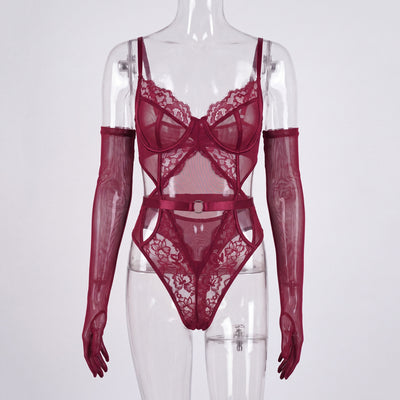 Wine red sheer lace lingerie set with cutout body, thong, and long mesh gloves
