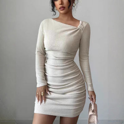 Apricot Dream Dress - One-Shoulder Knit Elegance - Fashions Envy