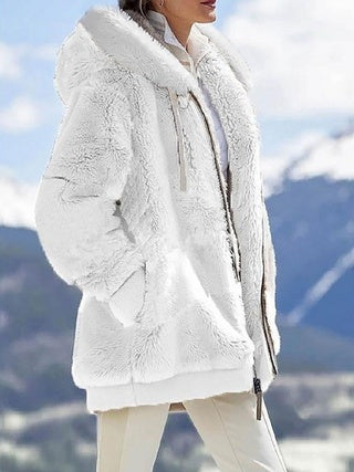 Warm Plush Hooded Jacket -  Long Sleeves With Zippered Pockets