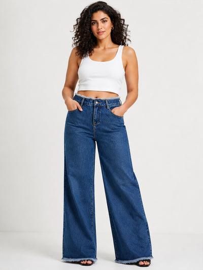 Frayed Hem Wide Leg Jeans - Low Rise Loose Palazzo Denim