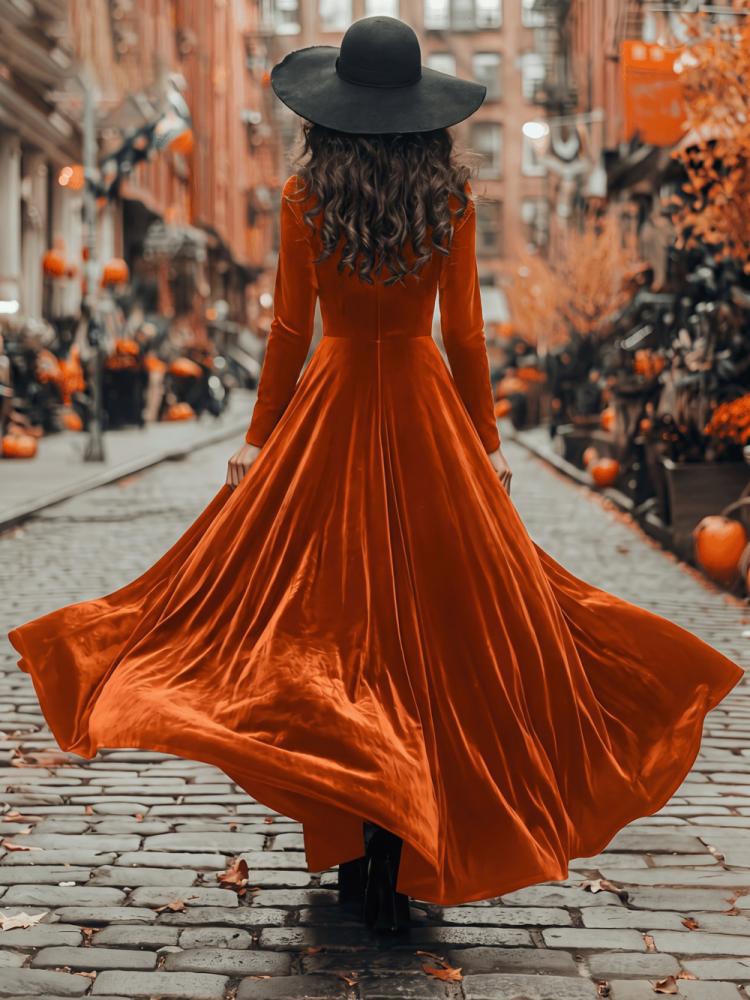 Orange velvet maxi dress with long sleeves and wide flared skirt