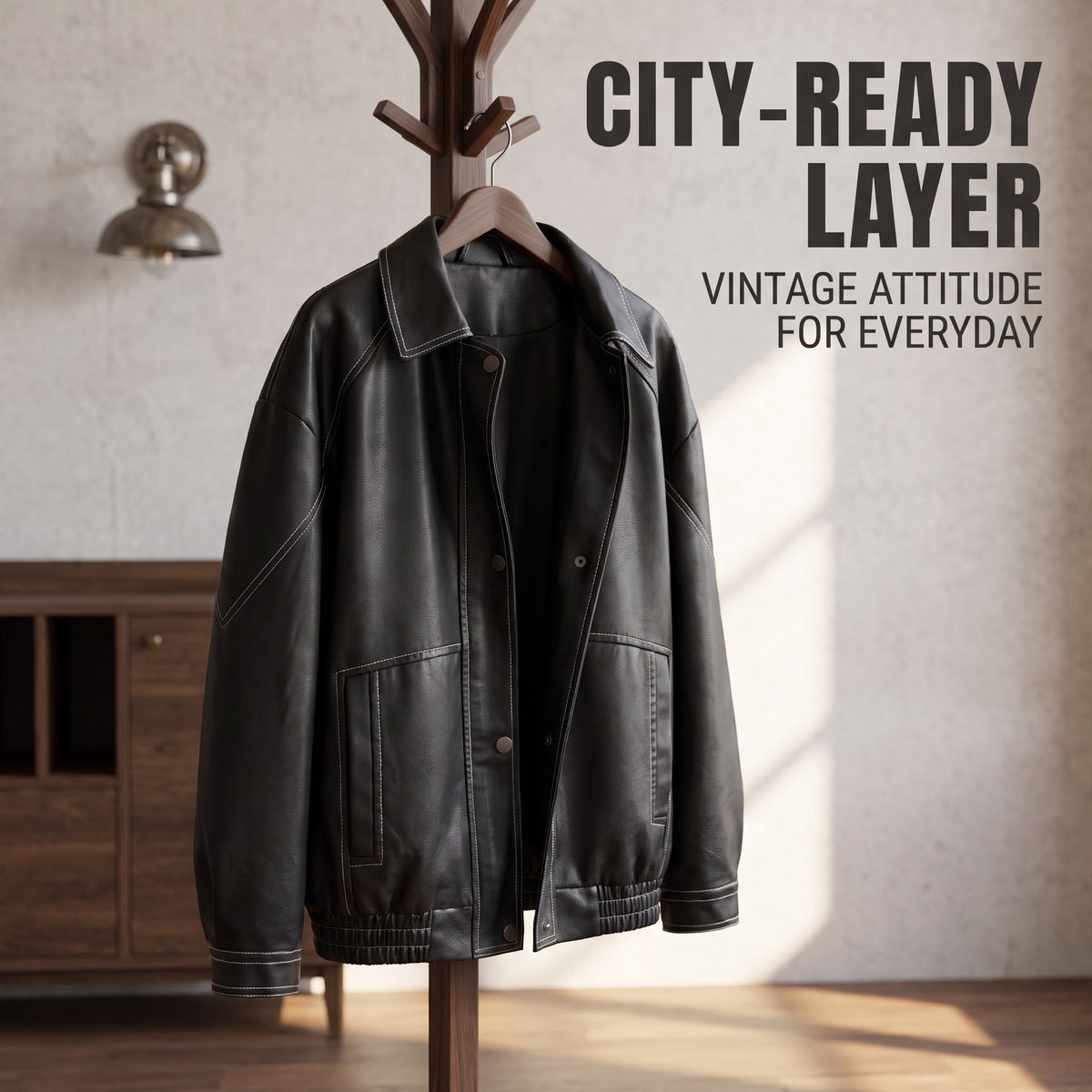 Black faux leather jacket hanging on a hanger, contrast-stitched seams and button placket