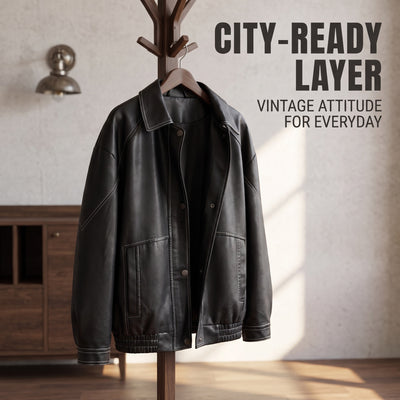 Black faux leather jacket hanging on a hanger, contrast-stitched seams and button placket