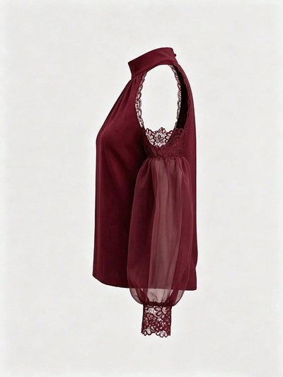 Lace-Trim Cold-Shoulder Blouse - Sheer Balloon Sleeves