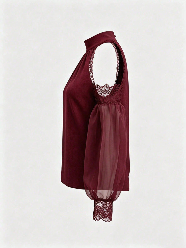 Lace-Trim Cold-Shoulder Blouse - Sheer Balloon Sleeves