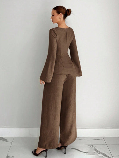 Beige/tan wide-leg pants set with long-sleeve shaped top and flared sleeves